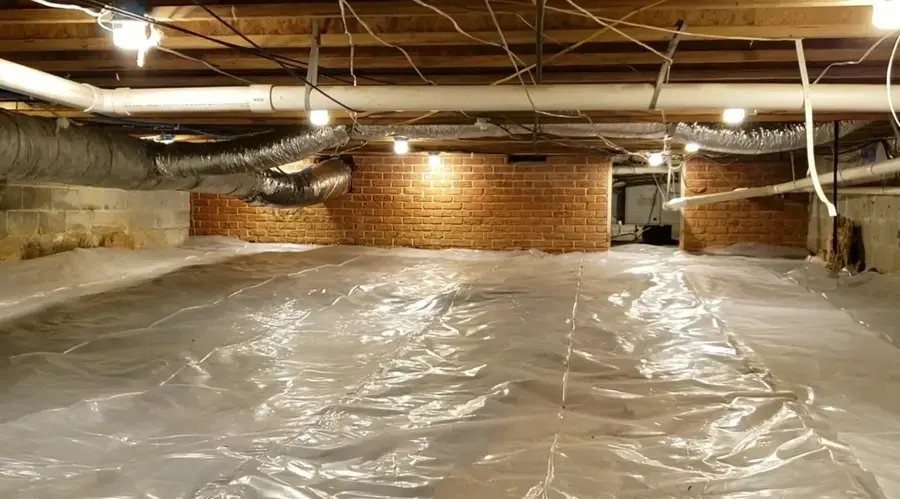Plastic sheeting over a brick cellar floor in an Elsmere home