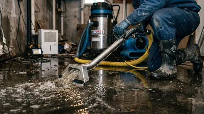 Technician running a wet vacuum through standing water in a flooded basement