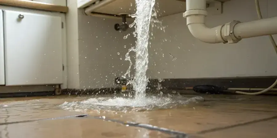 Water spraying up from a split pipe under kitchen cabinets