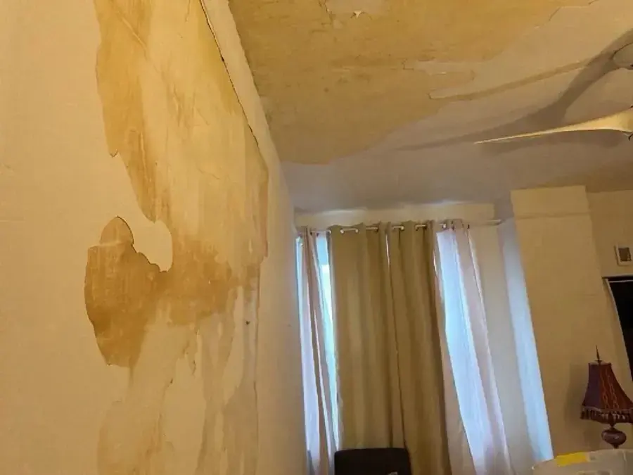 Water stains running down an exterior wall inside a room after wind-driven rain